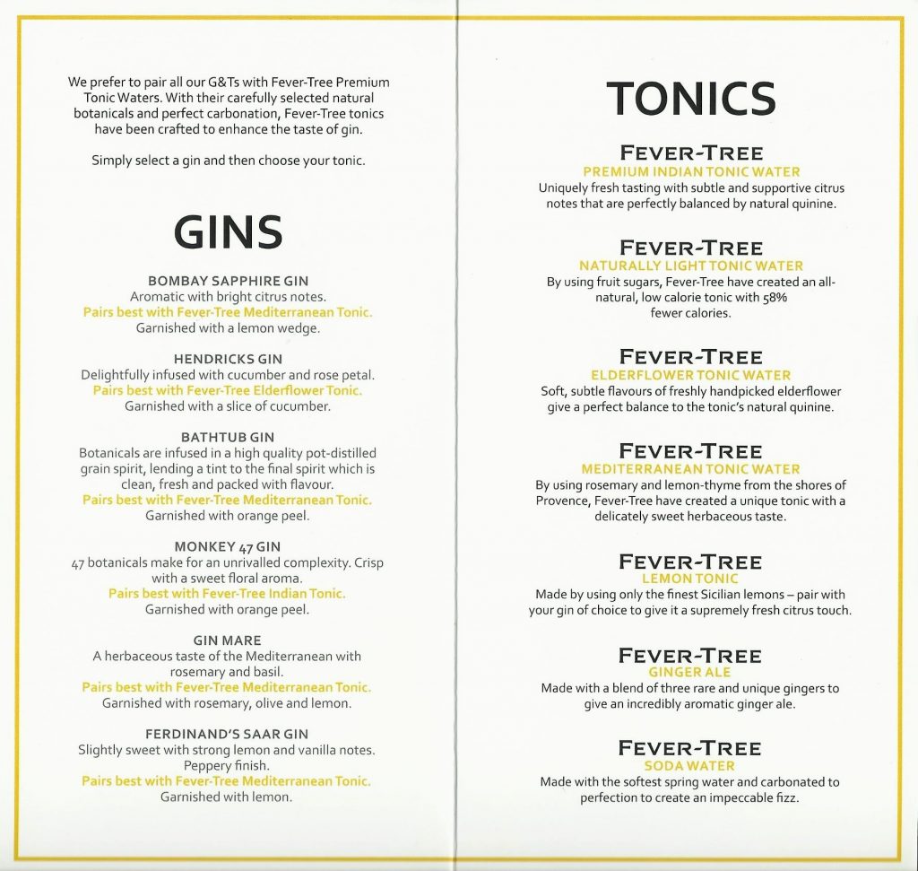 Our New Gin And Tonic Menu Kings Head Dullingham